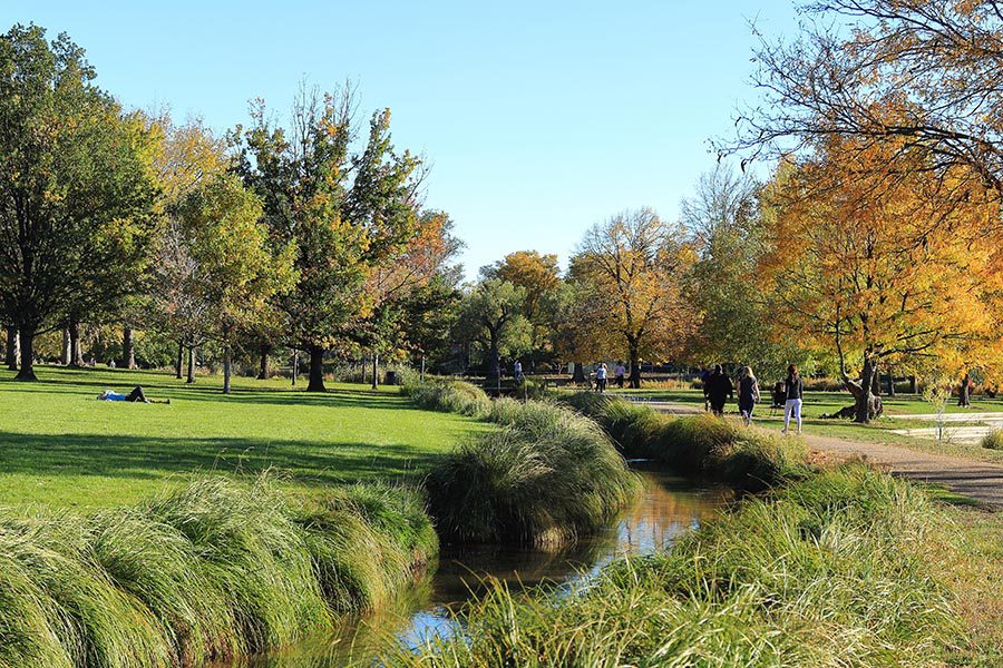 Louisville, OH Insurance - Beautiful Park With a Small Stream, Trees Along the Edges of Walking Paths, Blue Sky Overhead